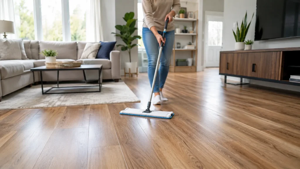 Cleaning laminate hardwood floors in a cozy modern living room