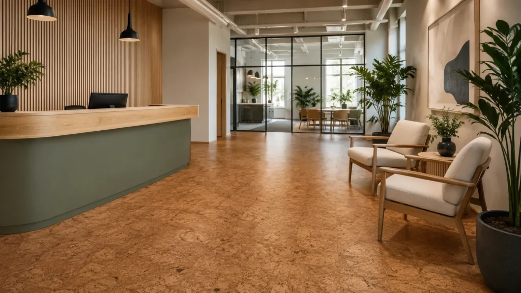 Modern commercial office lounge with cork flooring, reception area, plants, and professional interior design