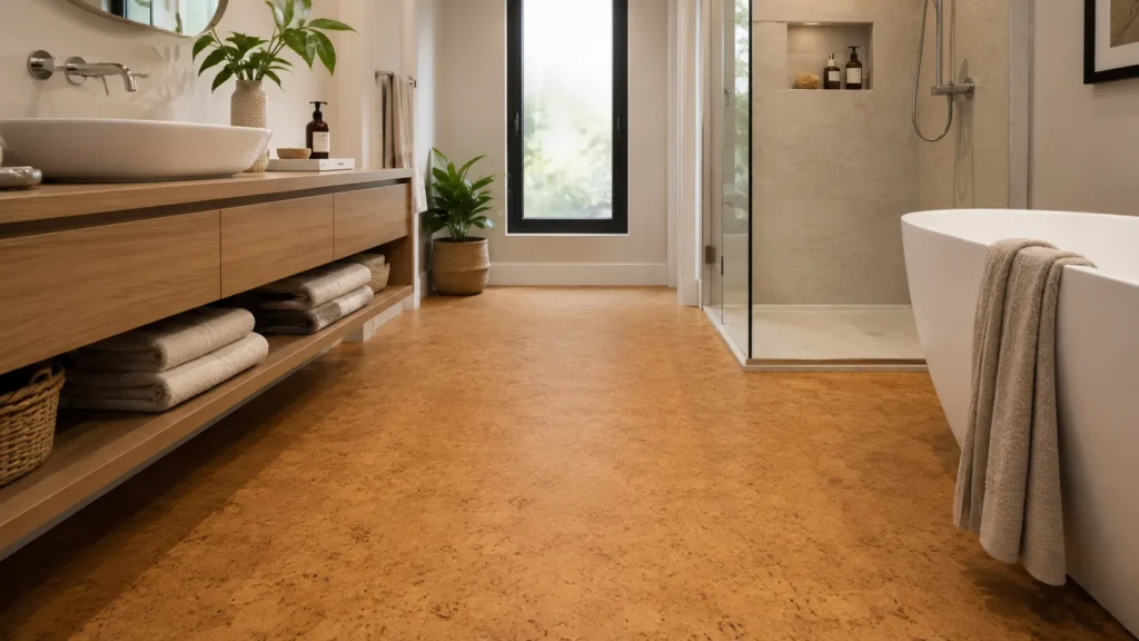 Modern bathroom with cork flooring, wood vanity, natural light, and moisture-friendly floor design