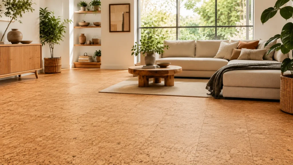 Cork floor tiles installed in a bright living room with square tile pattern and natural cork finish