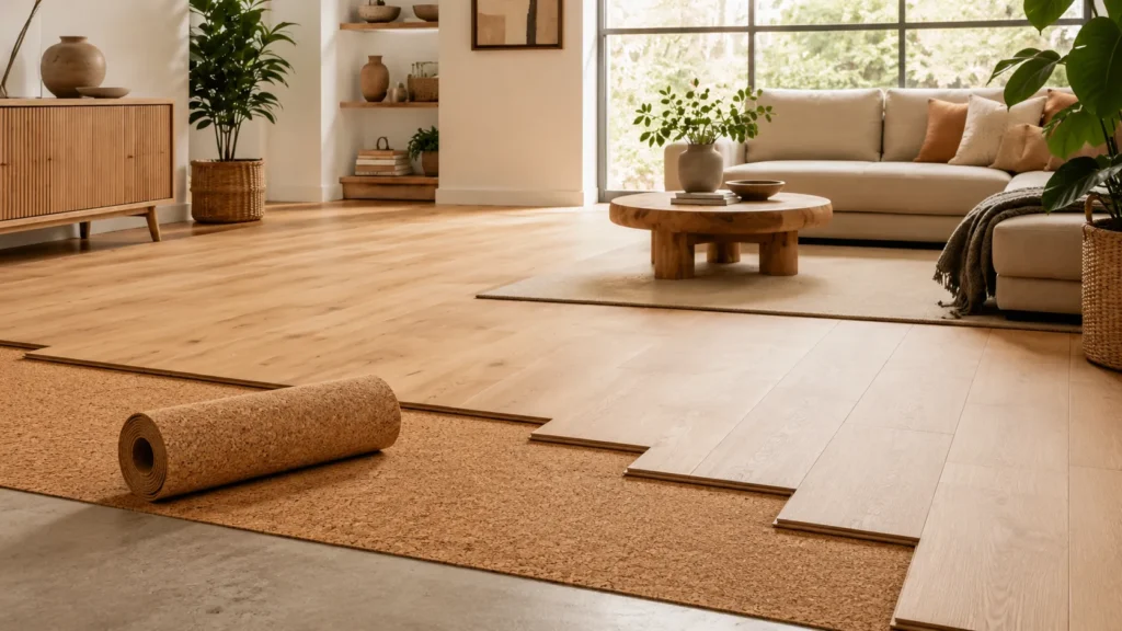 Cork floor underlayment roll placed under flooring planks during home flooring installation
