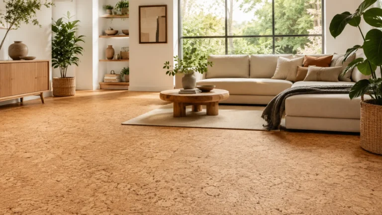 Modern living room with cork flooring, natural light, indoor plants, and warm home interior design