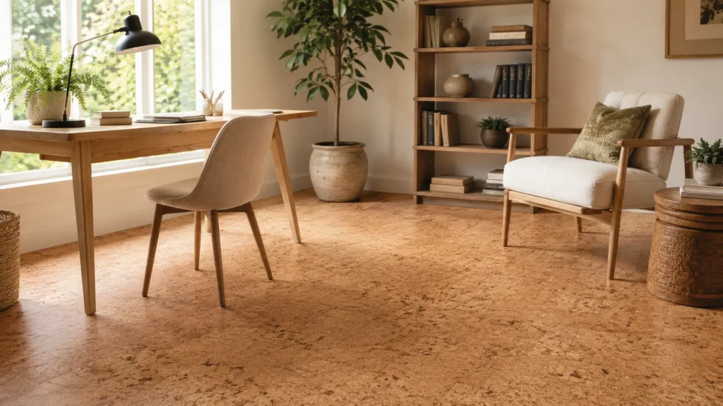 Cork flooring in a cozy home office with warm texture, natural light, and comfortable furniture