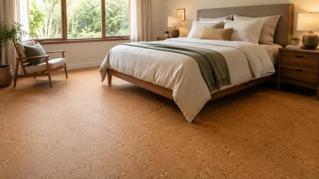 Cozy bedroom with cork flooring, natural light, soft bedding, and warm neutral interior design