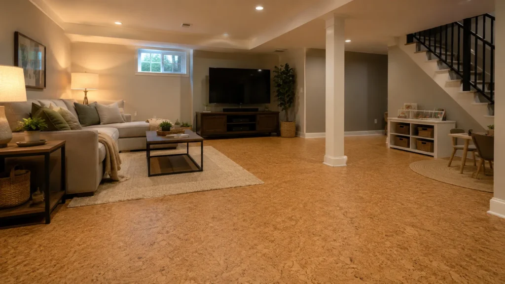 Finished basement living room with cork flooring, warm lighting, and comfortable family space