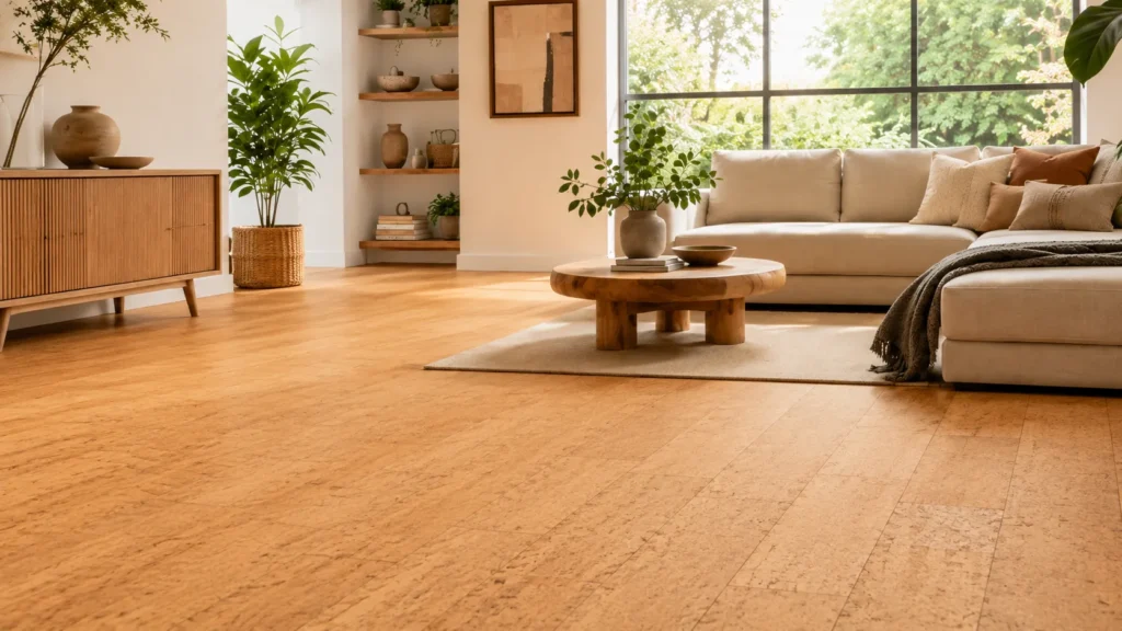 Cork flooring planks in a modern room showing plank style, natural texture, and warm floor surface