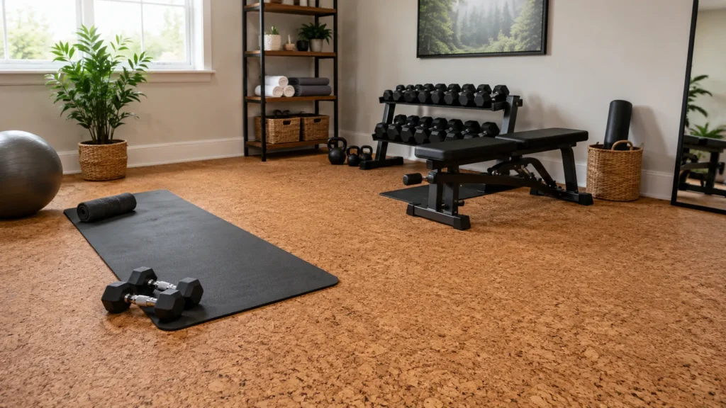 Home gym with cork flooring, workout equipment, yoga mat, and natural light