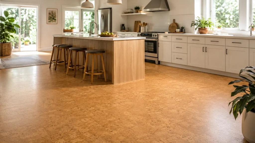 Modern kitchen with cork flooring, natural light, warm cork texture, and clean home interior design