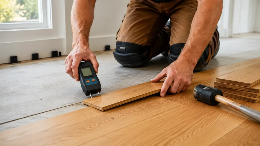 Measuring and marking the final row of oak flooring for cutting and fitting
