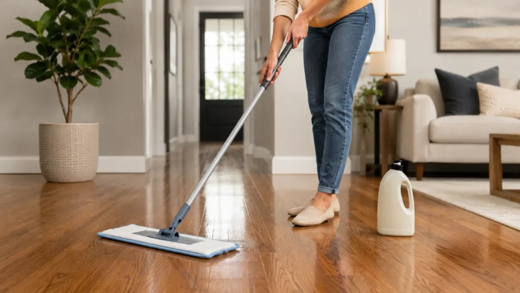 Person damp mopping hardwood floors with a hardwood-safe cleaner in a modern home