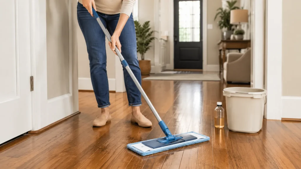 Person damp mopping hardwood floors with a microfiber mop and wood-safe cleaner
