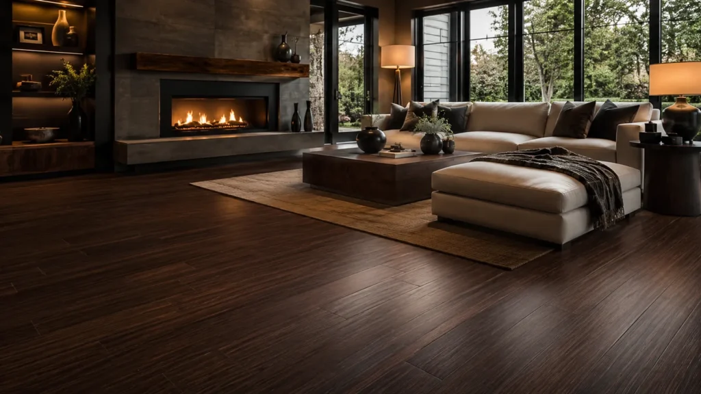 Dark bamboo flooring in a modern living room with rich brown planks, warm lighting, and elegant home decor