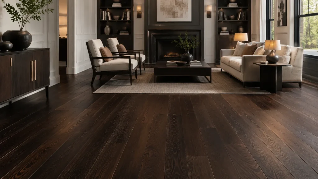 Dark engineered wood flooring in an elegant modern living room with rich wood tones and a dramatic interior design