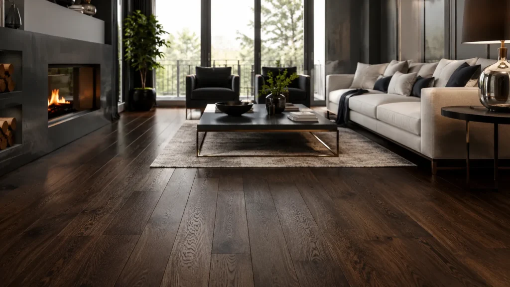 Dark oak flooring in a luxury modern living room with rich deep wood tones and elegant interior design