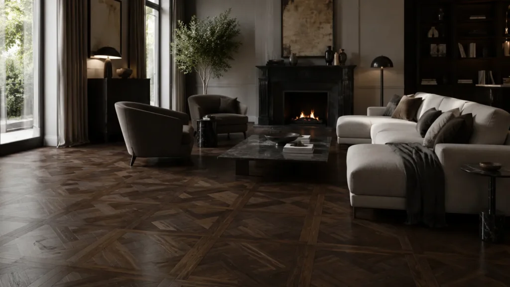 Dark parquet flooring in a luxury modern living room with rich wood tones, elegant furniture, and moody interior styling