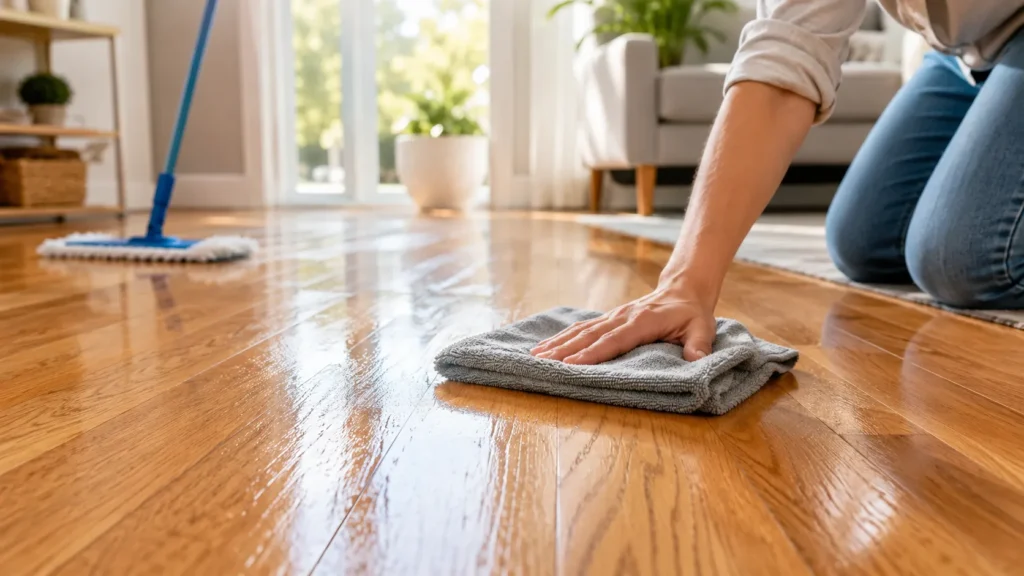 Drying hardwood floors quickly with a microfiber cloth after damp mopping