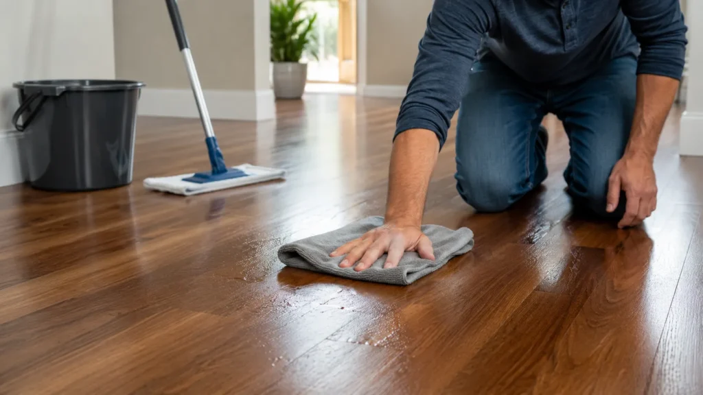 Person drying wet areas on hardwood floors with a microfiber cloth to prevent moisture damage