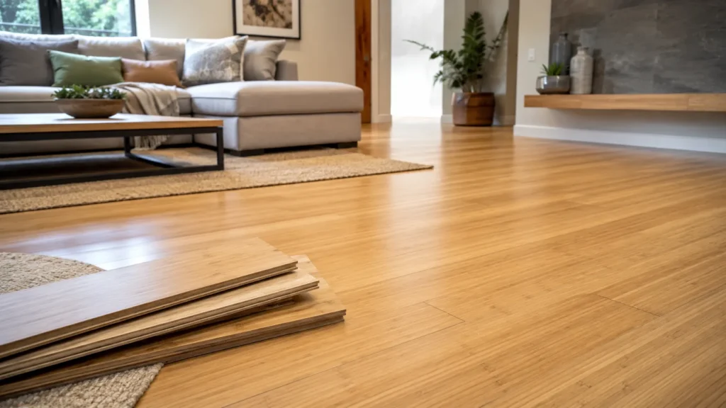Engineered bamboo flooring with plank samples and installed floor showing layered bamboo flooring design