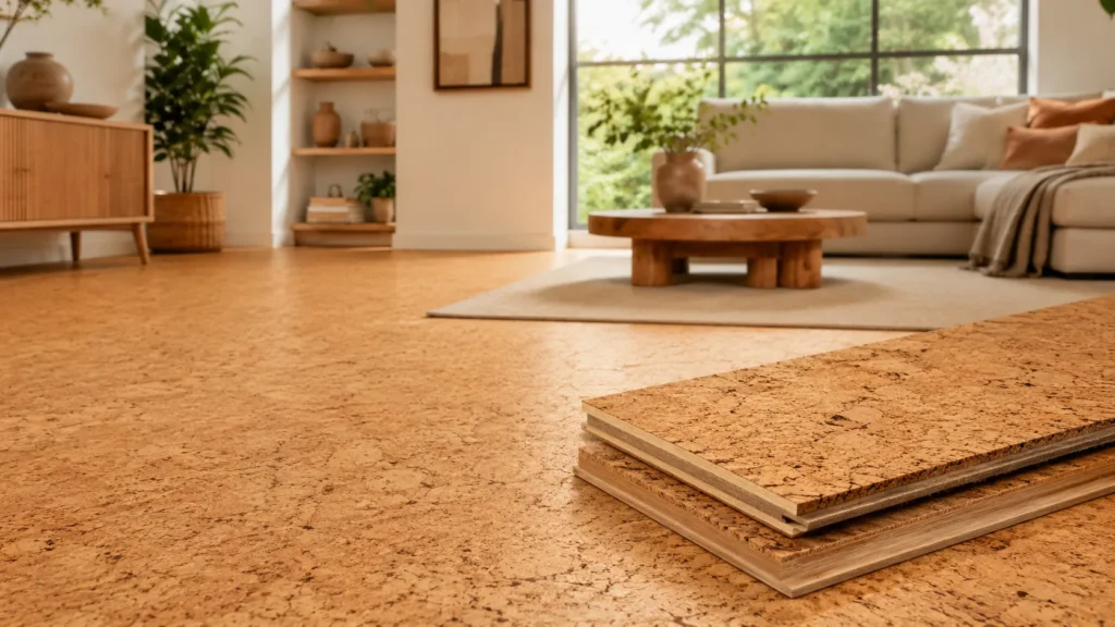 Engineered cork flooring planks with layered construction shown in a modern home interior