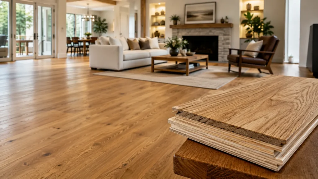 Engineered oak flooring with layered plank sample showing real oak surface and stable core construction