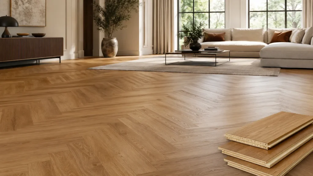 Engineered parquet flooring in a modern living room with layered wood plank samples and geometric floor design