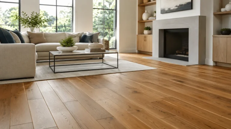 Modern living room with engineered wood flooring, natural light, and warm wood plank design