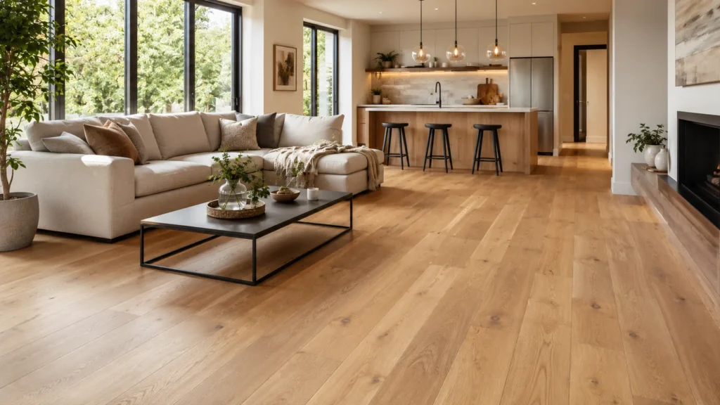 Engineered wood flooring in a modern open-plan living room and kitchen with wide plank wood floors