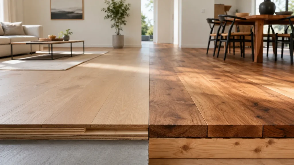 Engineered wood flooring and solid hardwood flooring comparison in a modern home interior
