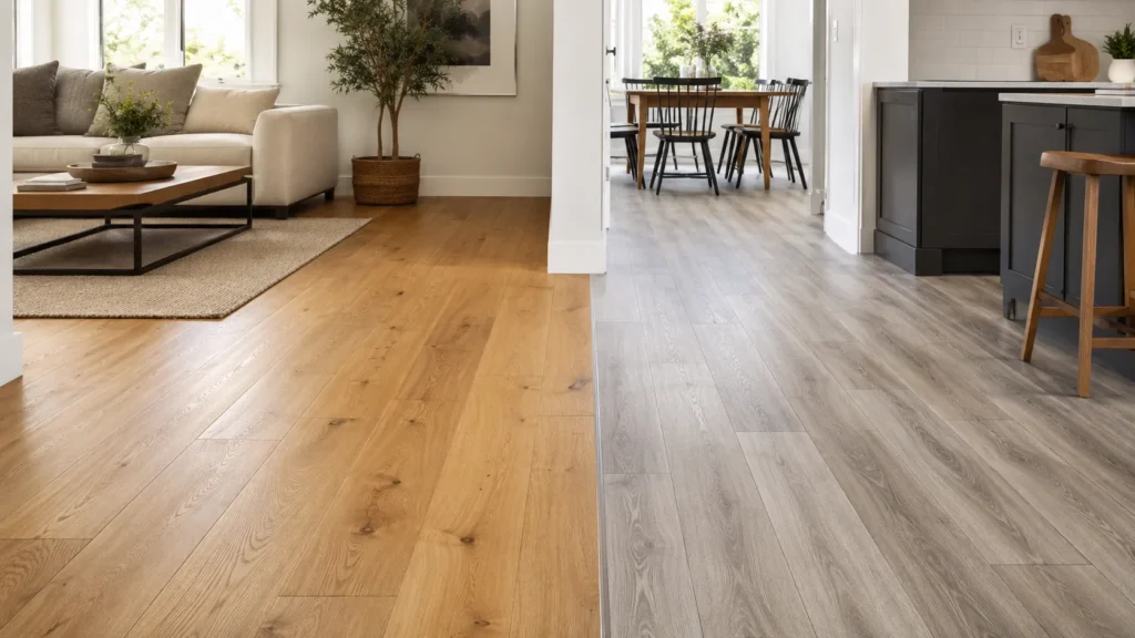 Engineered wood flooring versus laminate flooring comparison with real wood and wood-look surfaces