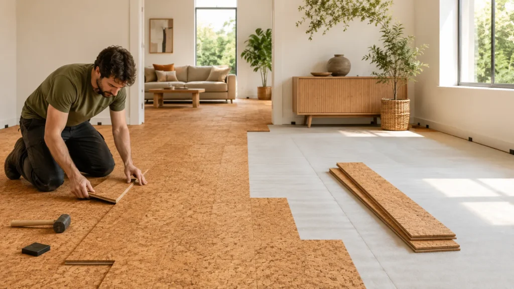 Floating cork flooring being installed with click-lock planks over a prepared subfloor