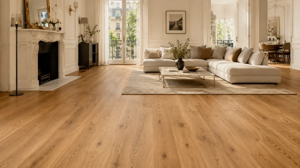 French oak flooring in an elegant Parisian-style living room with natural wide plank wood design