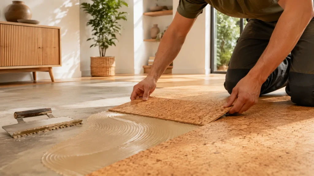 Installer placing glue-down cork flooring tile over adhesive on a clean concrete subfloor