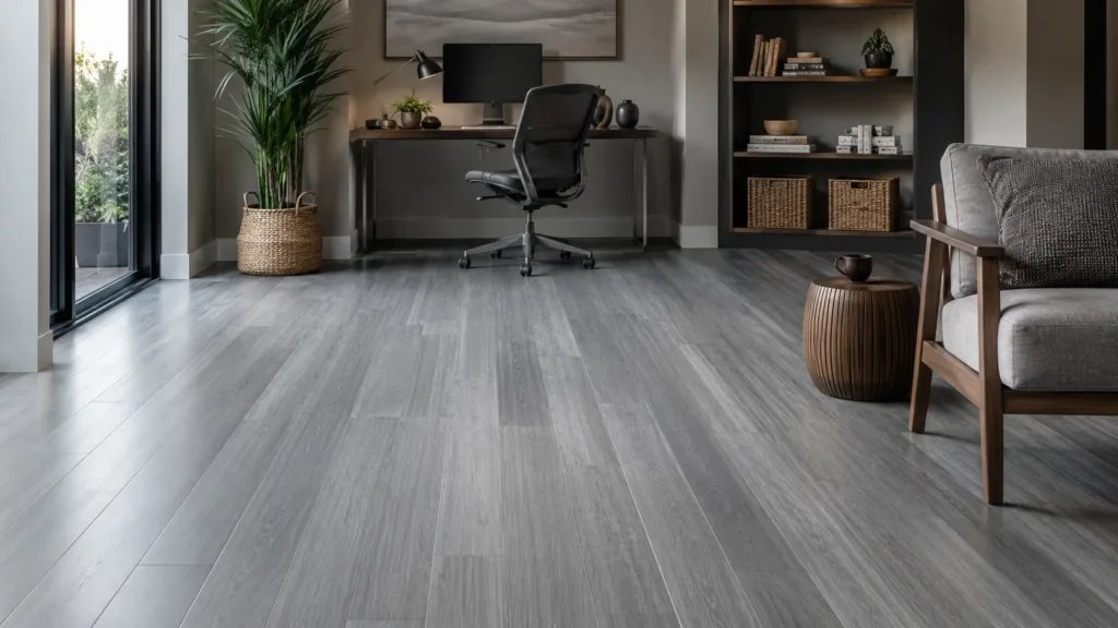 Gray bamboo flooring in a modern home office with soft neutral decor and contemporary plank flooring