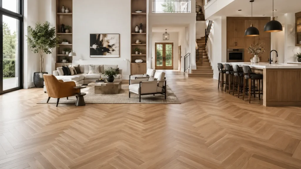 Large great room with herringbone flooring, open-plan layout, natural light, and elegant patterned floor