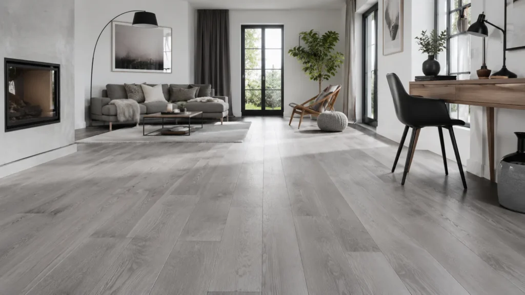Grey oak flooring in a modern minimalist living room with soft gray wood tones and contemporary decor