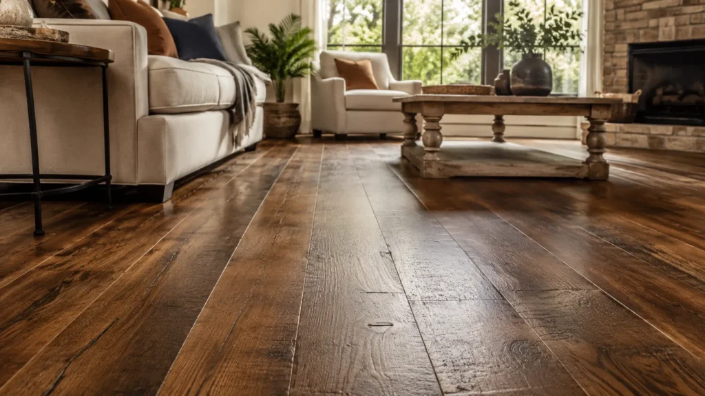 Hand scraped engineered wood flooring with textured rustic finish in a cozy living room
