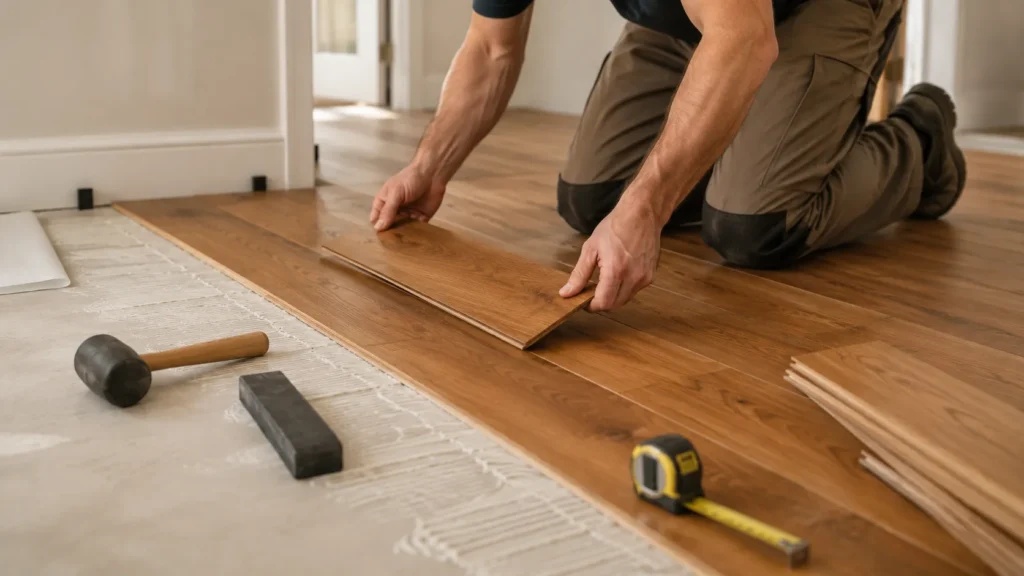 Hardwood flooring installation in progress with wood planks, tools, and prepared subfloor