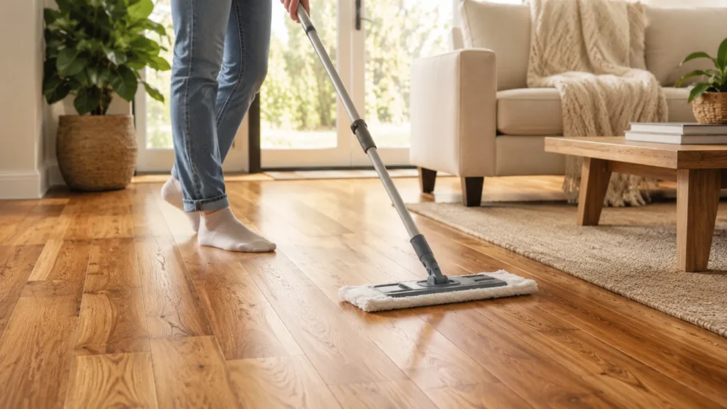 Person cleaning hardwood flooring with a microfiber mop in a bright modern living room