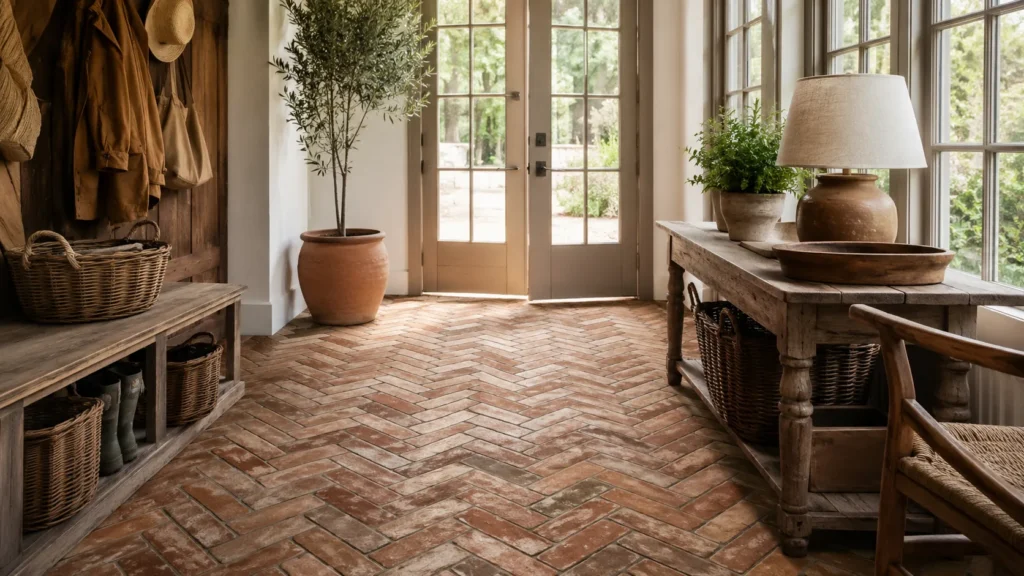 Rustic herringbone brick floor in a sunlit entryway with warm brick texture and farmhouse-style decor
