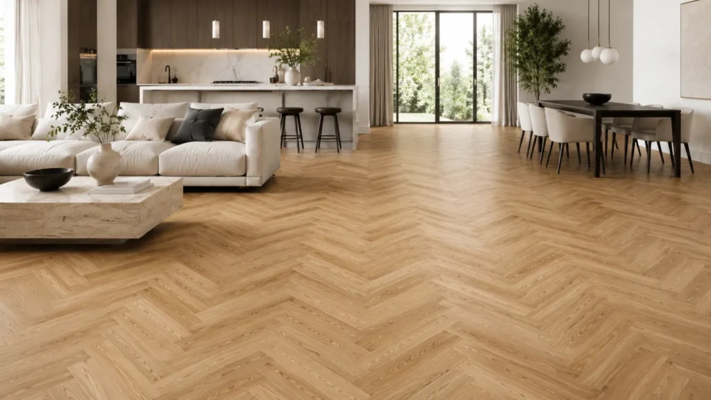 Herringbone engineered flooring in a modern open-plan home with stable wood plank design