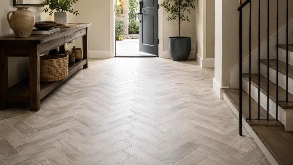 Herringbone floor tile in a modern entryway with neutral tile pattern and durable surface