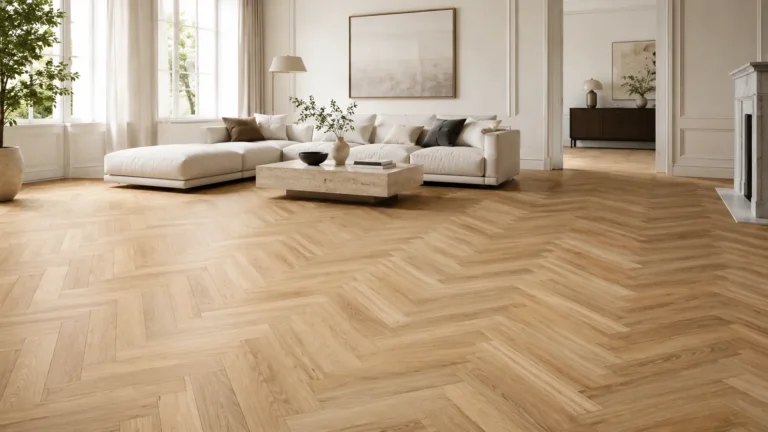 Elegant modern living room with herringbone flooring, natural light, and classic wood floor pattern