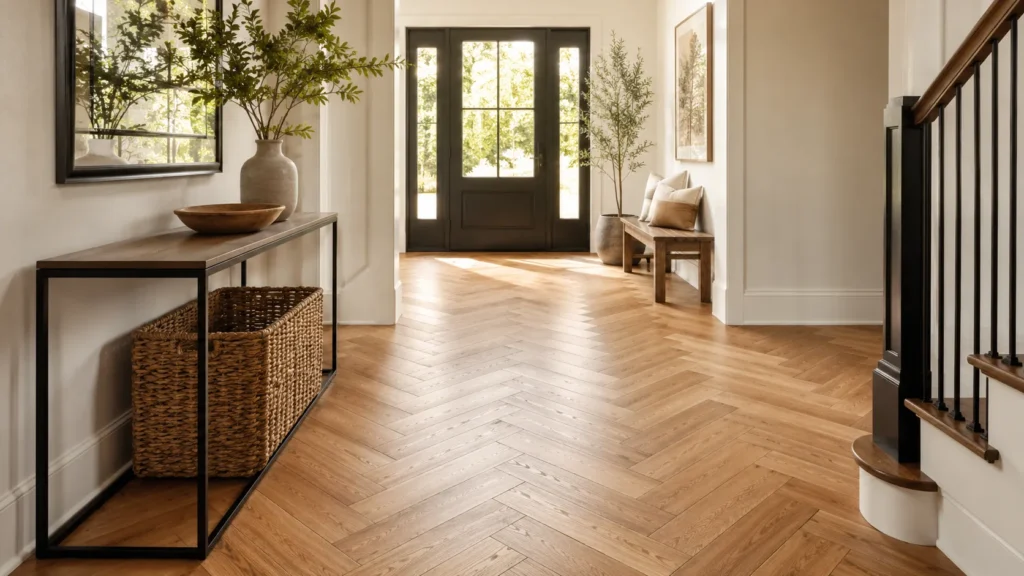 Herringbone hardwood flooring in a bright entryway with natural wood pattern and modern home decor