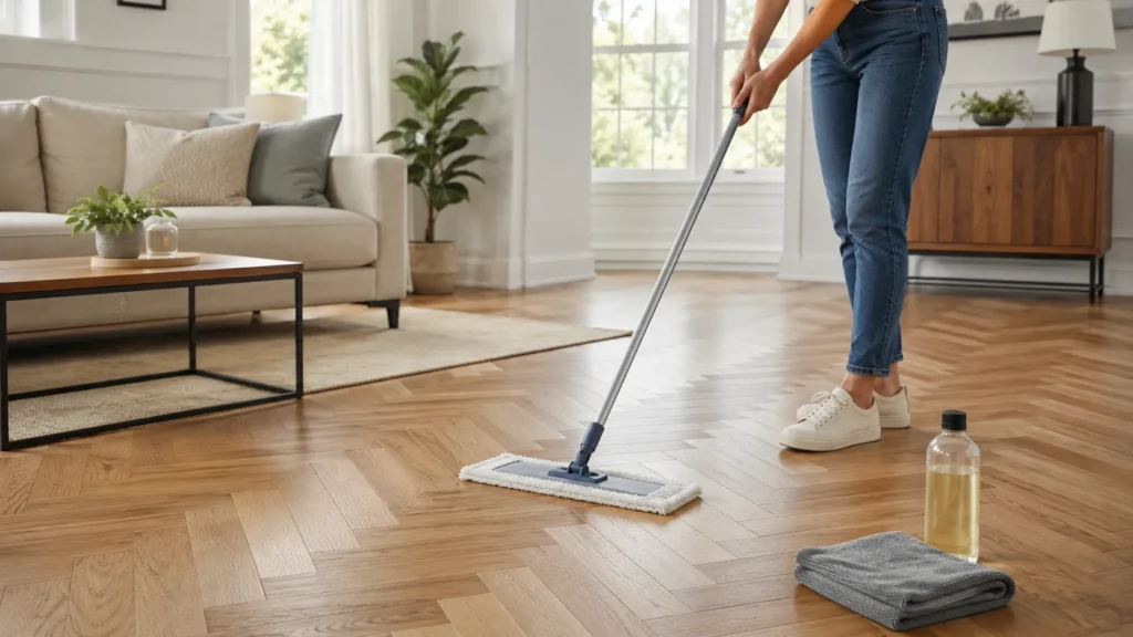 Person cleaning herringbone flooring with a microfiber mop in a bright modern living room
