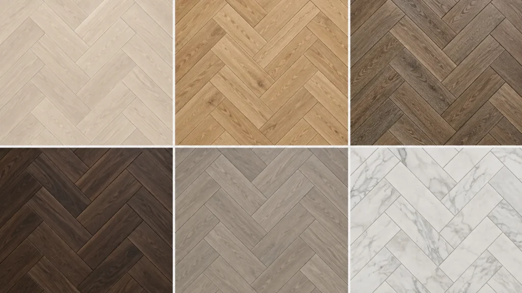 Comparison of six herringbone flooring colors and finishes, including pale white oak, honey oak, smoked brown, dark walnut, greige wood, and marble tile.