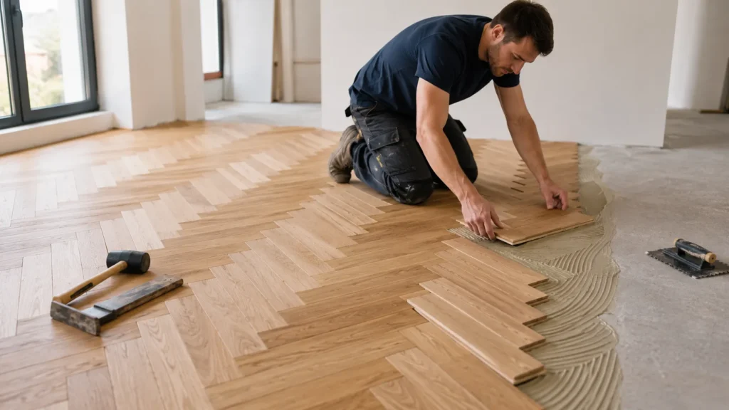 Installer laying herringbone flooring planks over adhesive on a prepared subfloor during home flooring installation