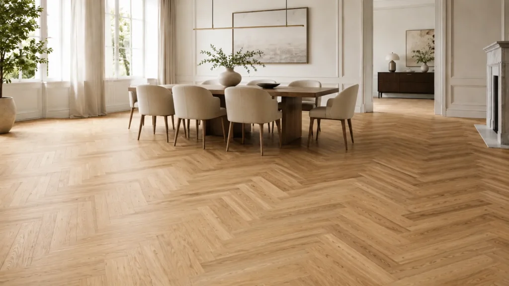 Herringbone hardwood floors in a luxury living room with rich wood grain and timeless floor design