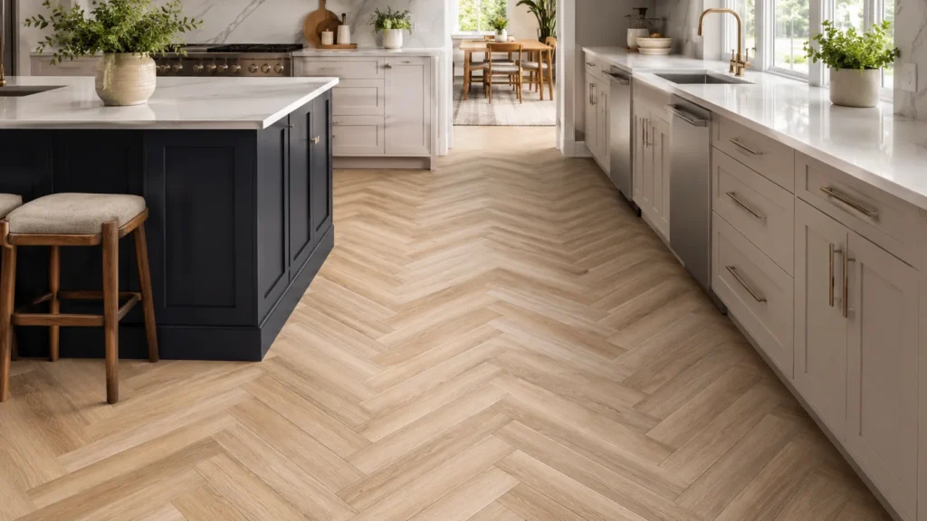 Modern kitchen with herringbone flooring, light wood-look planks, white cabinets, and bright natural light