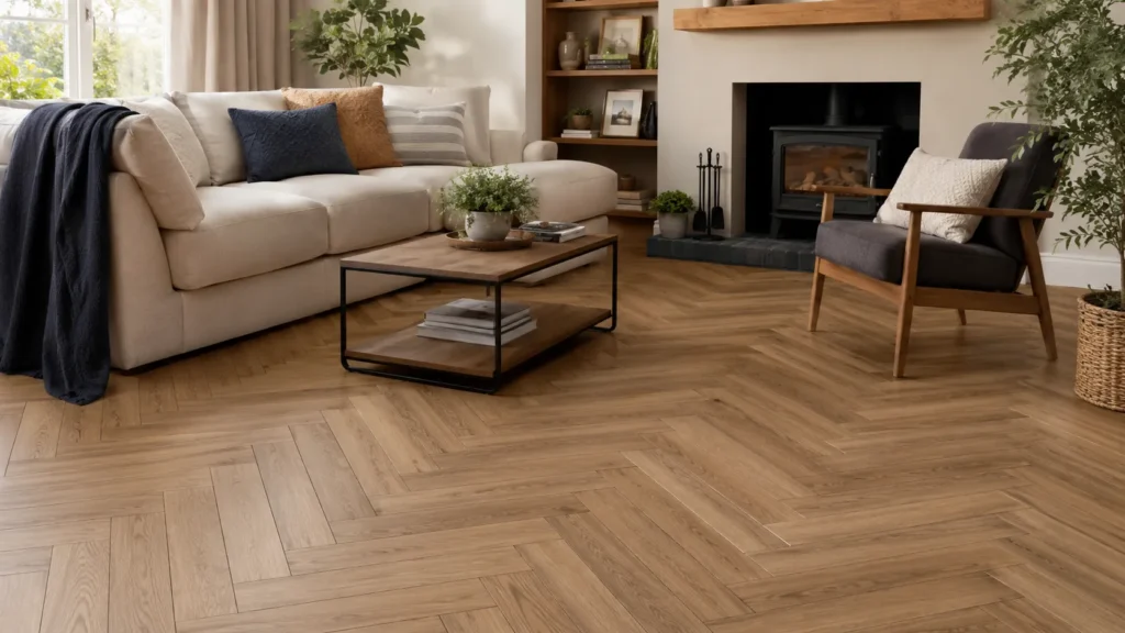 Herringbone laminate flooring in a cozy living room with budget-friendly wood-look surface