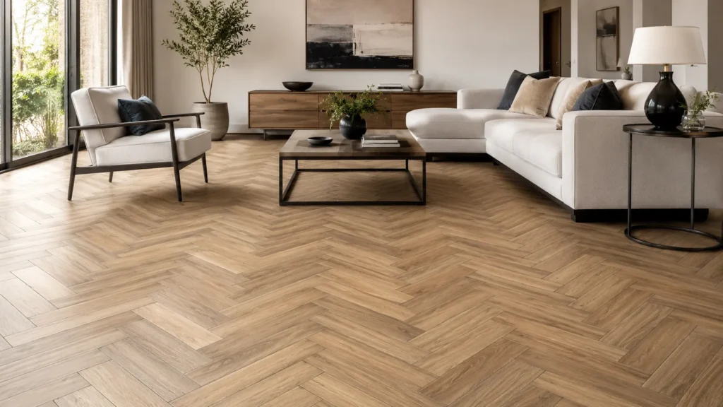 Modern living room with herringbone floor, warm wood tones, natural light, and comfortable home interior
